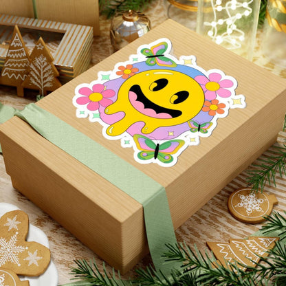 Drippy Smiley Face Sticker: Retro Groovy 70s Pastel Vinyl Decal