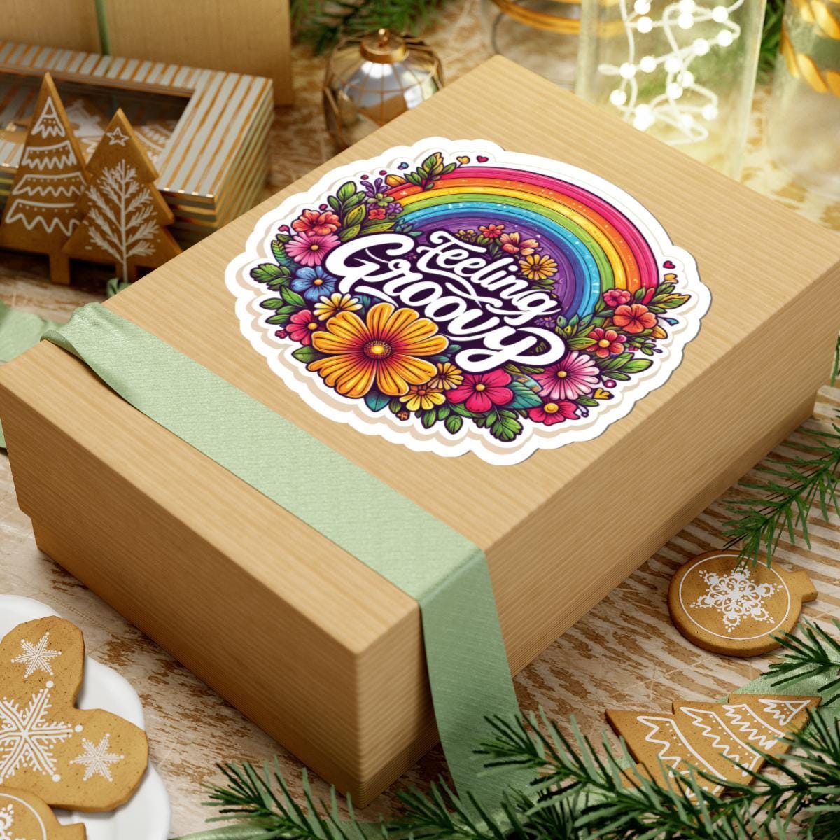 Feeling Groovy Sticker: Retro Rainbow Floral 70s Hippie Vinyl Decal