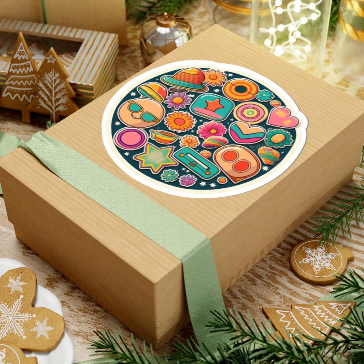 Retro Sticker Collage: 70s Groovy Vibes - Planets, Flowers, Cassette