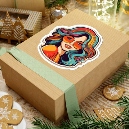 ColorFlow | Groovy Retro Woman Sticker with Colorful Hippie Hair and Sunglasses