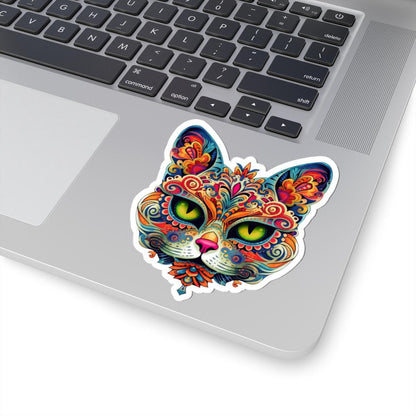 Psychedelic Mandala Cat Sticker: Vibrant Floral Trippy Vinyl Decal