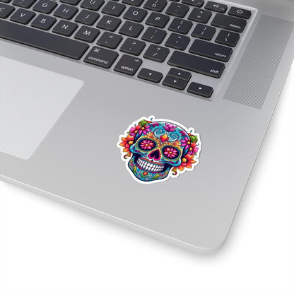 Teal Sugar Skull Sticker: Floral Calavera, Waterproof Vinyl Decal