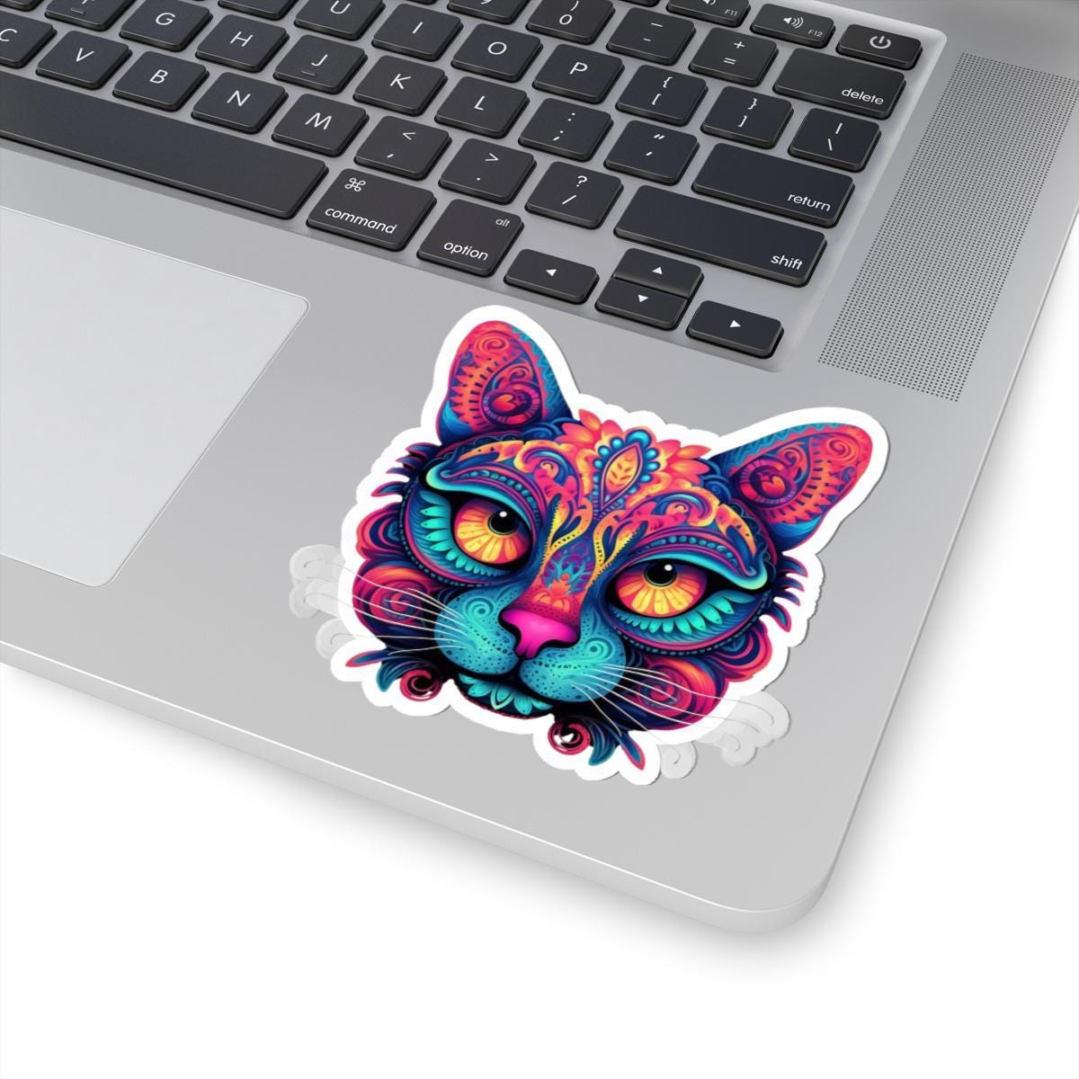 Trippy Cat Sticker: Neon Floral Psychedelic Vinyl Decal
