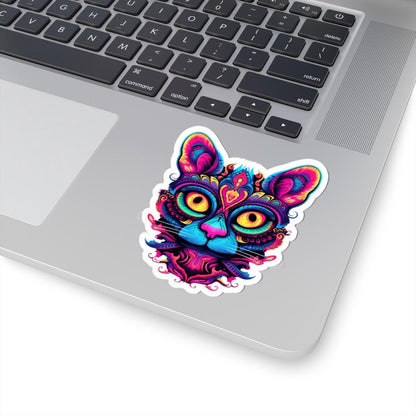 Psychedelic Cat Sticker: Neon Mandala Art, Rainbow Vinyl Decal