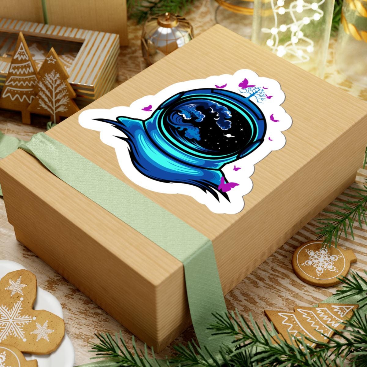 ColorFlow | Astronaut Butterfly Sticker | Space Helmet Ocean Wave Vinyl Decal | Cosmic Nature Astronaut Art | Galaxy Sticker