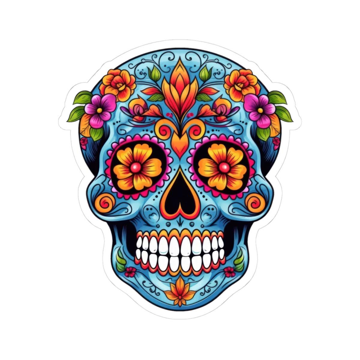 Blue Floral Sugar Skull Sticker: Waterproof Vinyl Decal - Dia de los Muertos Art