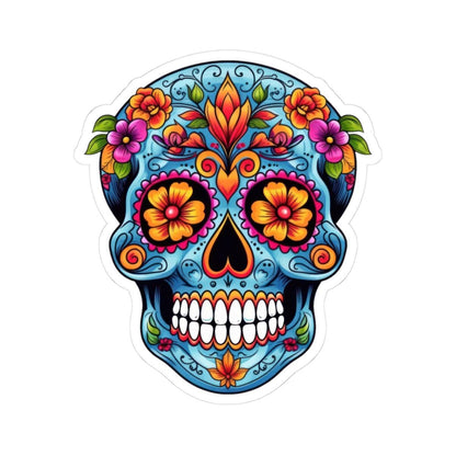 Blue Floral Sugar Skull Sticker: Waterproof Vinyl Decal - Dia de los Muertos Art