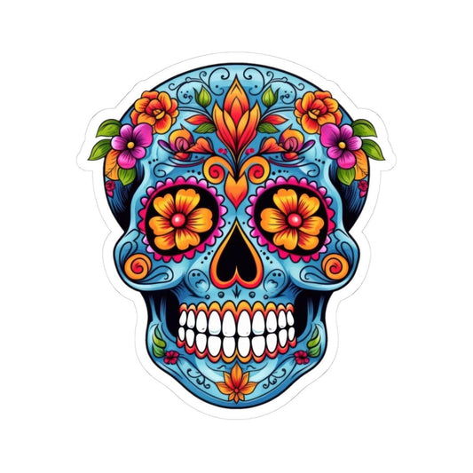 Blue Floral Sugar Skull Sticker: Waterproof Vinyl Decal - Dia de los Muertos Art