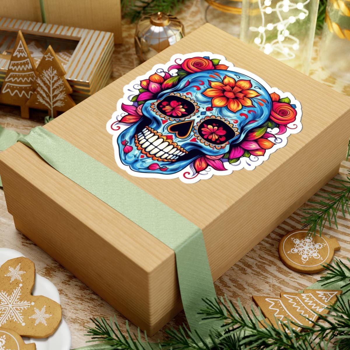 Blue Sugar Skull Vinyl Sticker: Floral Dia de los Muertos Decal