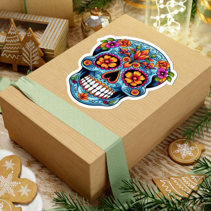 Blue Floral Sugar Skull Sticker: Waterproof Vinyl Decal - Dia de los Muertos Art