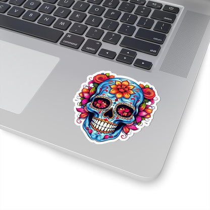 Blue Sugar Skull Vinyl Sticker: Floral Dia de los Muertos Decal