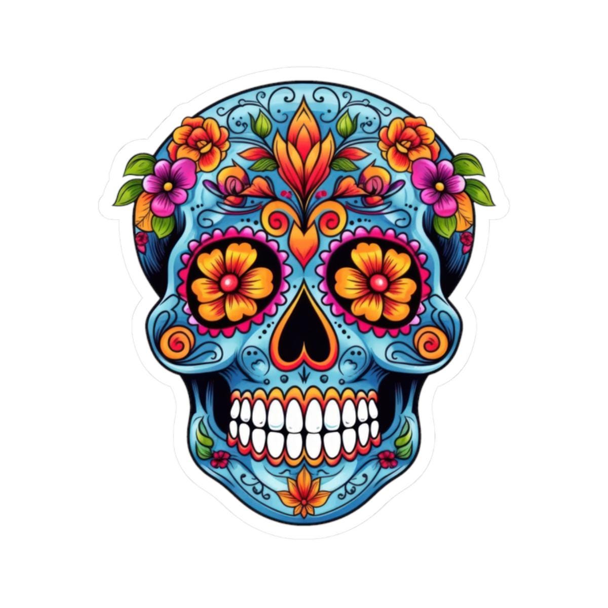 Blue Floral Sugar Skull Sticker: Waterproof Vinyl Decal - Dia de los Muertos Art