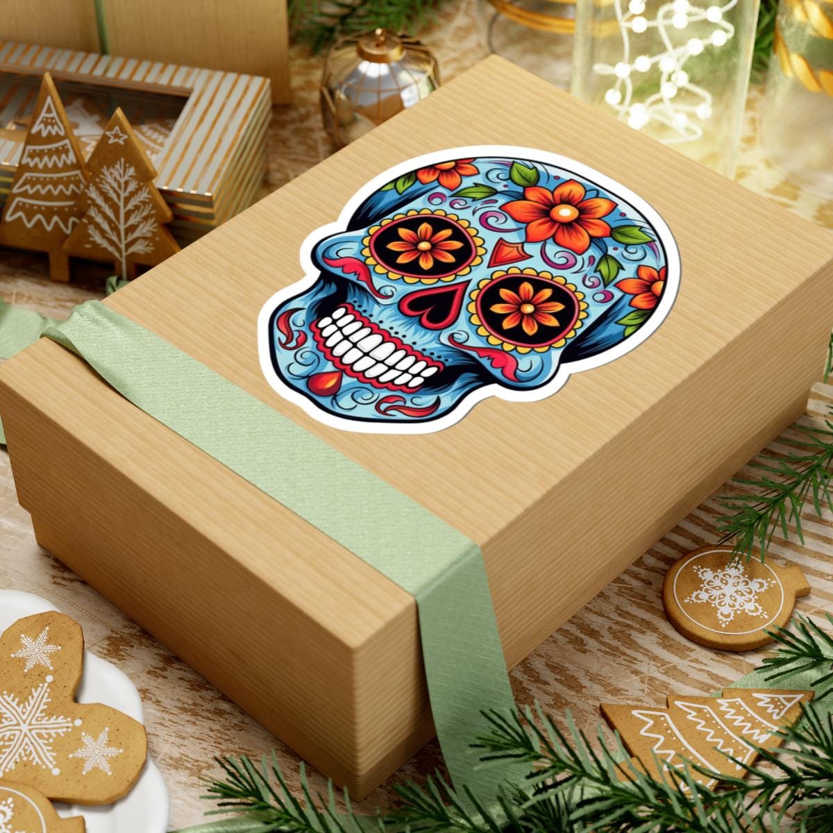 ColorFlow | Floral Sugar Skull Vinyl Sticker | Waterproof Skull Sticker | Day of the Dead Aesthetic Decal | Dia De Los Muertos Art