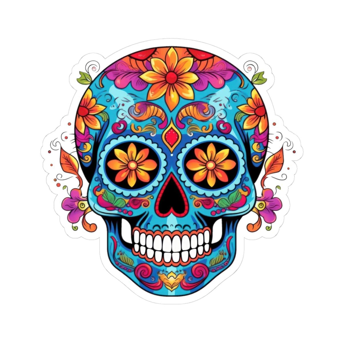 Sugar Skull Sticker: Waterproof Calavera Decal with Orange Flowers