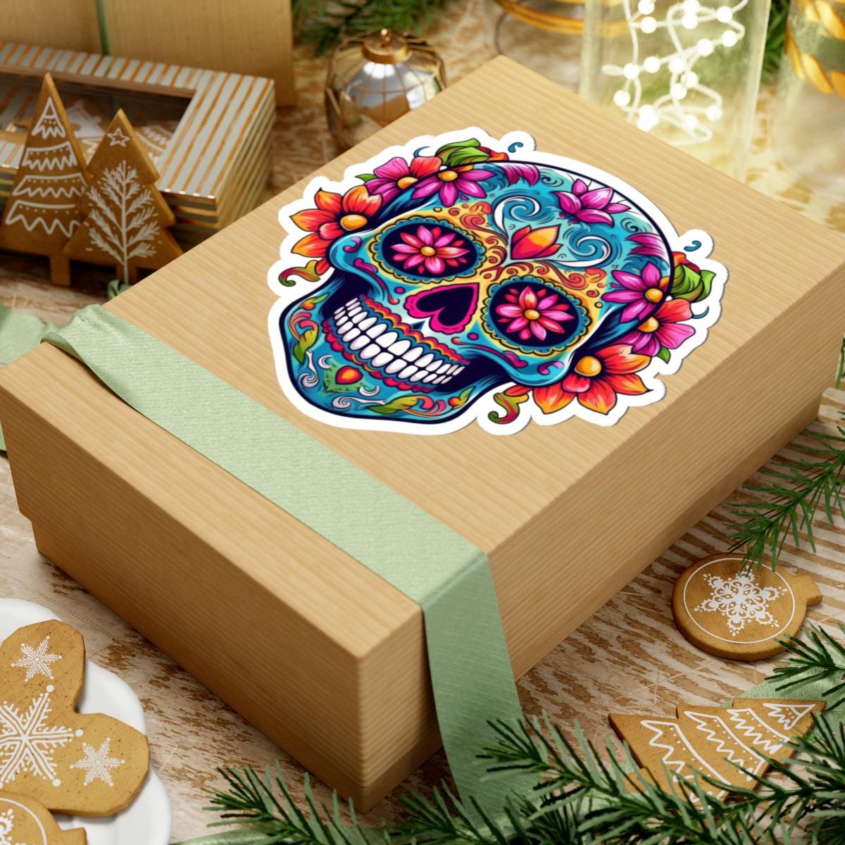 Teal Sugar Skull Sticker: Floral Calavera, Waterproof Vinyl Decal