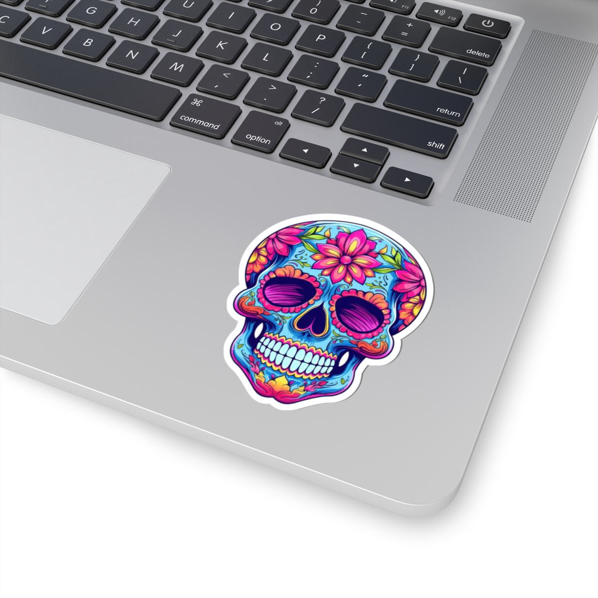Pink Floral Sugar Skull Sticker: Waterproof Vinyl Decal, Dia de los Muertos