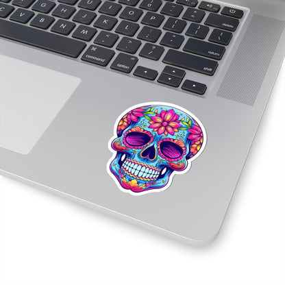 Pink Floral Sugar Skull Sticker: Waterproof Vinyl Decal, Dia de los Muertos