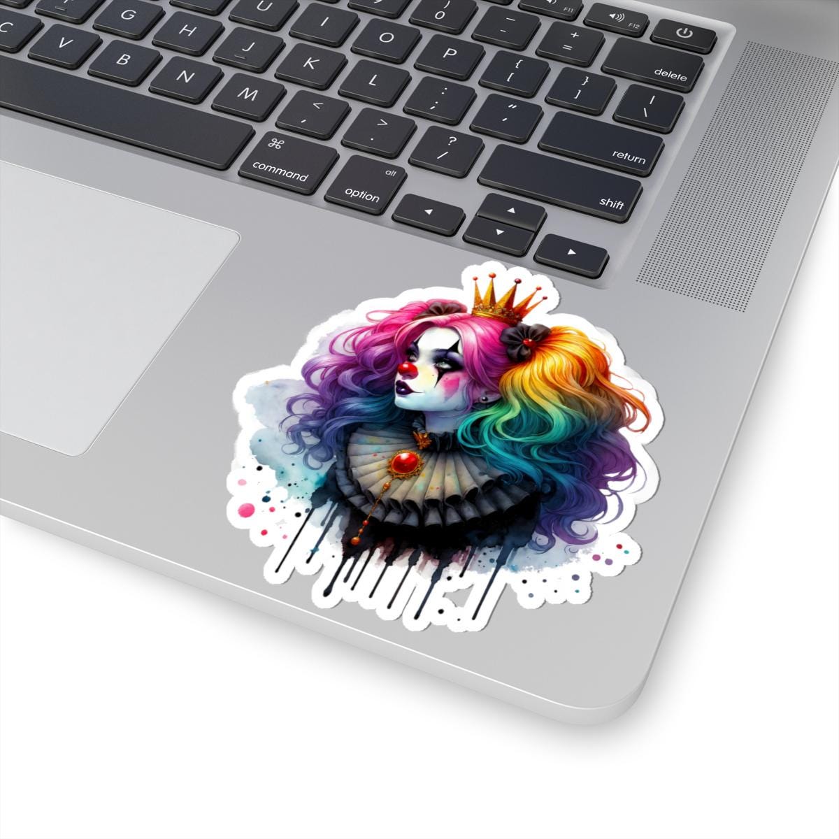 Rainbow Clown Queen Sticker: Gothic Circus Art, Glossy Vinyl