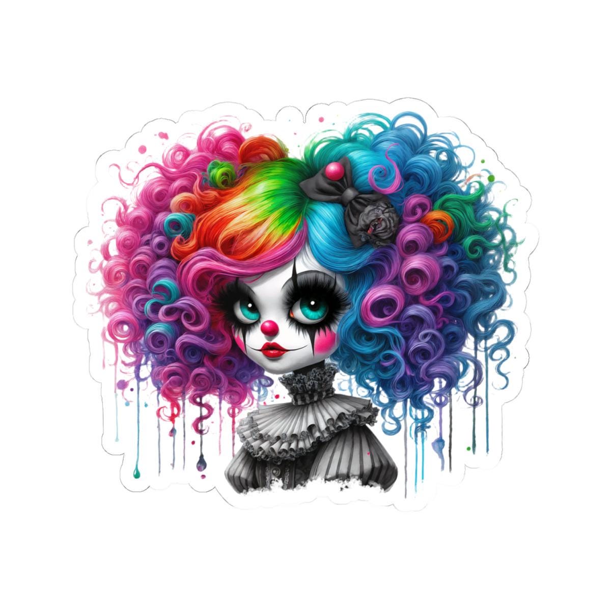 ColorFlow | Rainbow Gothic Clown Girl Sticker | Creepy Cute Circuscore Vinyl Decal | Spooky Aesthetic Laptop Sticker