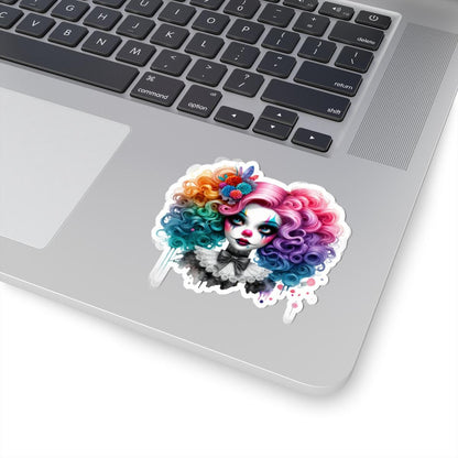 Rainbow Clown Girl Sticker: Vintage Circus Art, Floral Goth Decal
