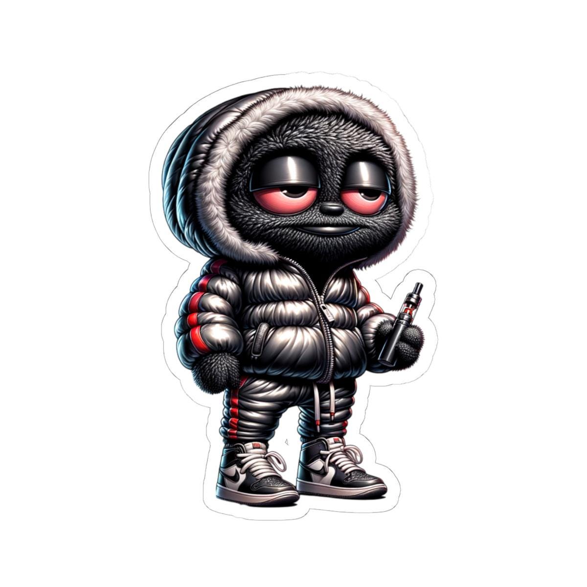 Streetwear Monster Sticker: Black Furry Puffer Jacket - Waterproof Vinyl Decal