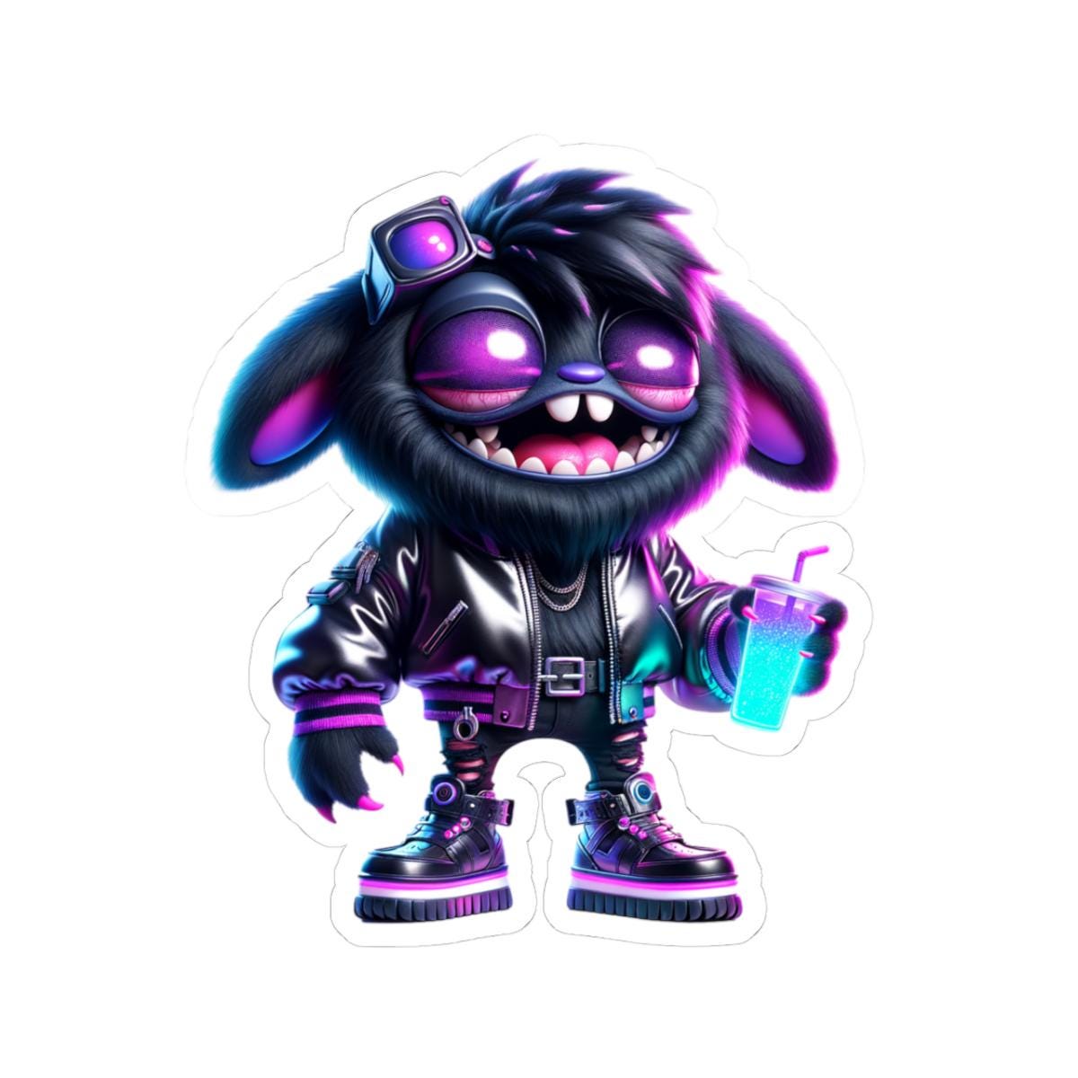 Cyberpunk Bunny Monster Sticker: Neon Glow Vinyl Decal