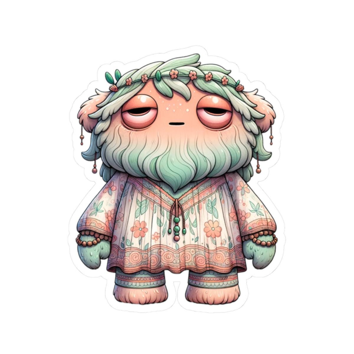 Floral Boho Monster Sticker: Pastel Hippie Character Art