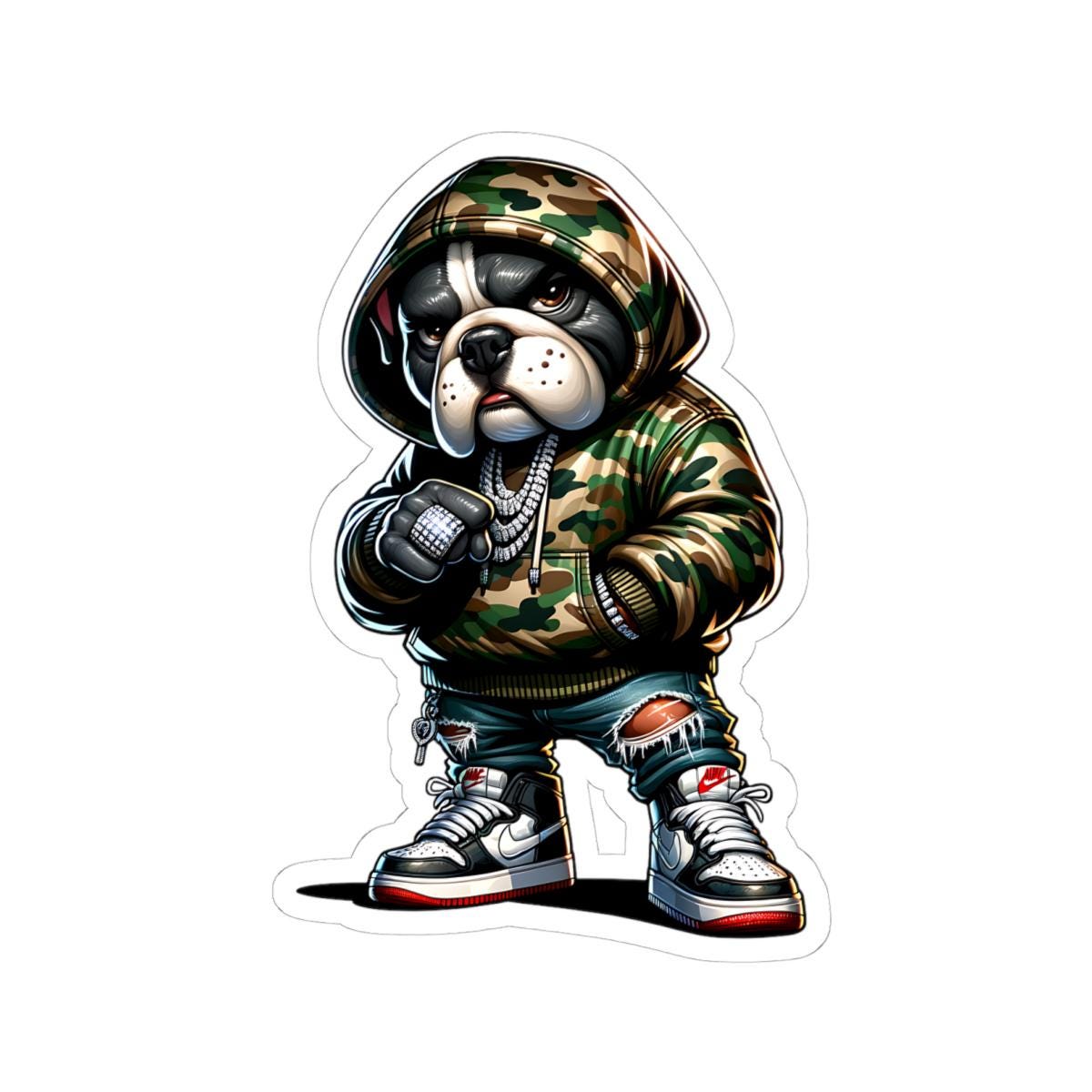 Camo Hoodie Bulldog Sticker: Urban Hip-Hop Dog Art