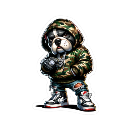 Camo Hoodie Bulldog Sticker: Urban Hip-Hop Dog Art