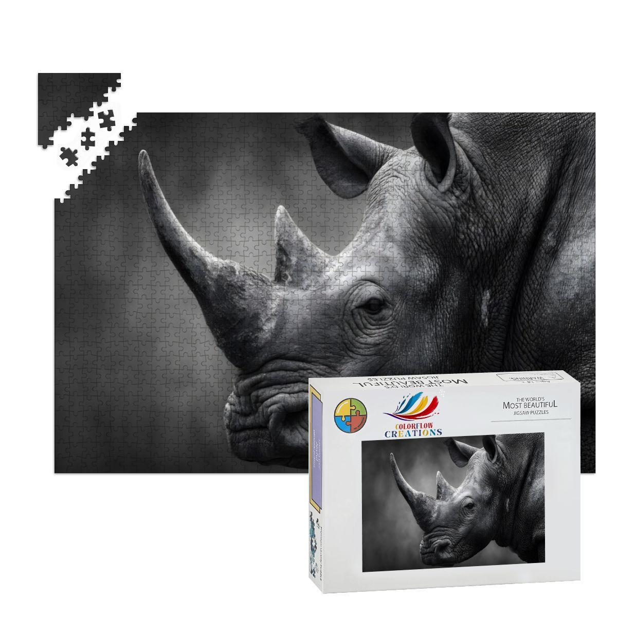 Rhinoceros Wooden Jigsaw Puzzle: Monochrome Wildlife Art