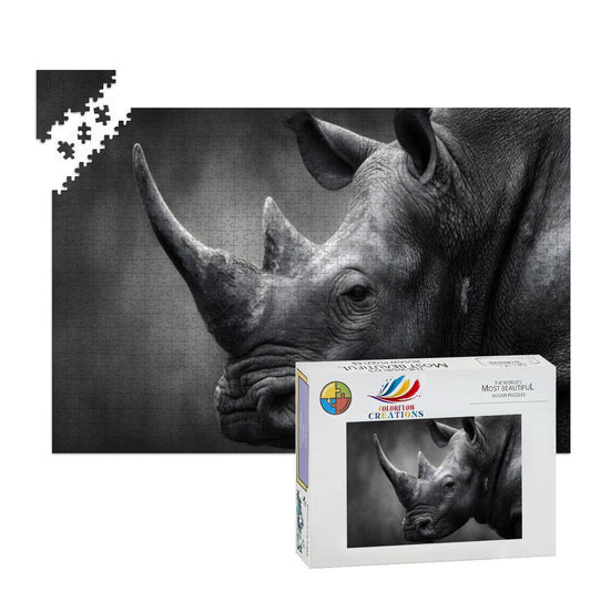 Rhinoceros Wooden Jigsaw Puzzle: Monochrome Wildlife Art