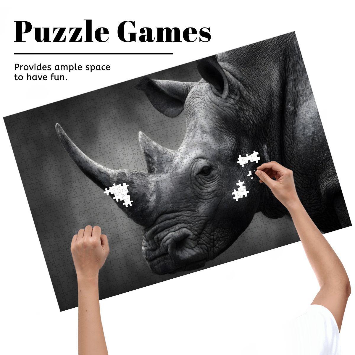 Rhinoceros Wooden Jigsaw Puzzle: Monochrome Wildlife Art