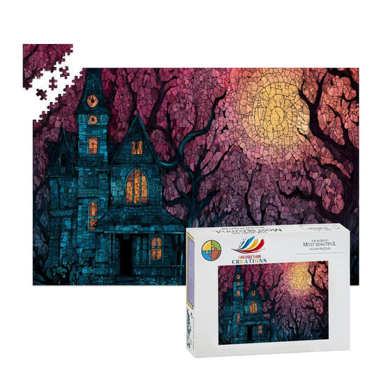 Stained Glass Haunted House Wooden Jigsaw Puzzle: Spooky Gothic Decor
