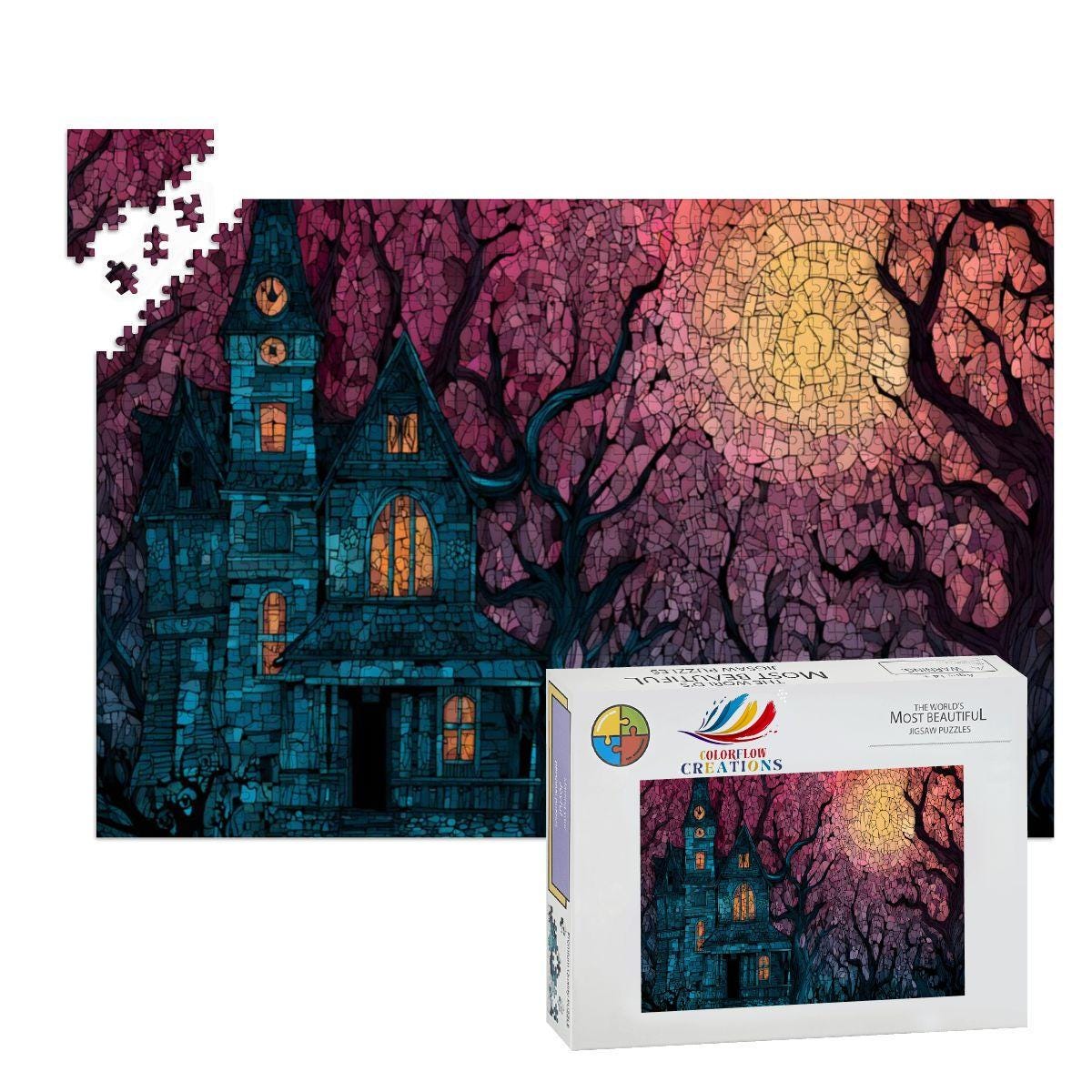 Stained Glass Haunted House Wooden Jigsaw Puzzle: Spooky Gothic Decor