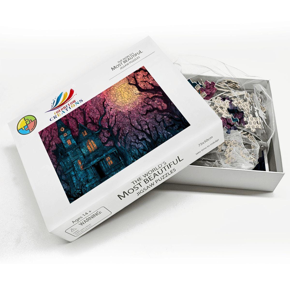 Stained Glass Haunted House Wooden Jigsaw Puzzle: Spooky Gothic Decor