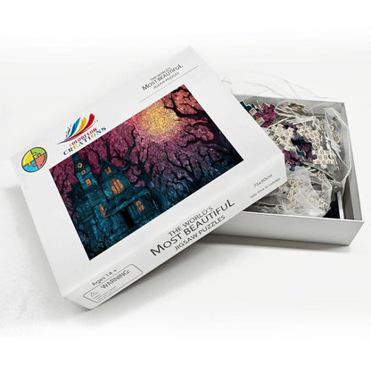 Stained Glass Haunted House Wooden Jigsaw Puzzle: Spooky Gothic Decor