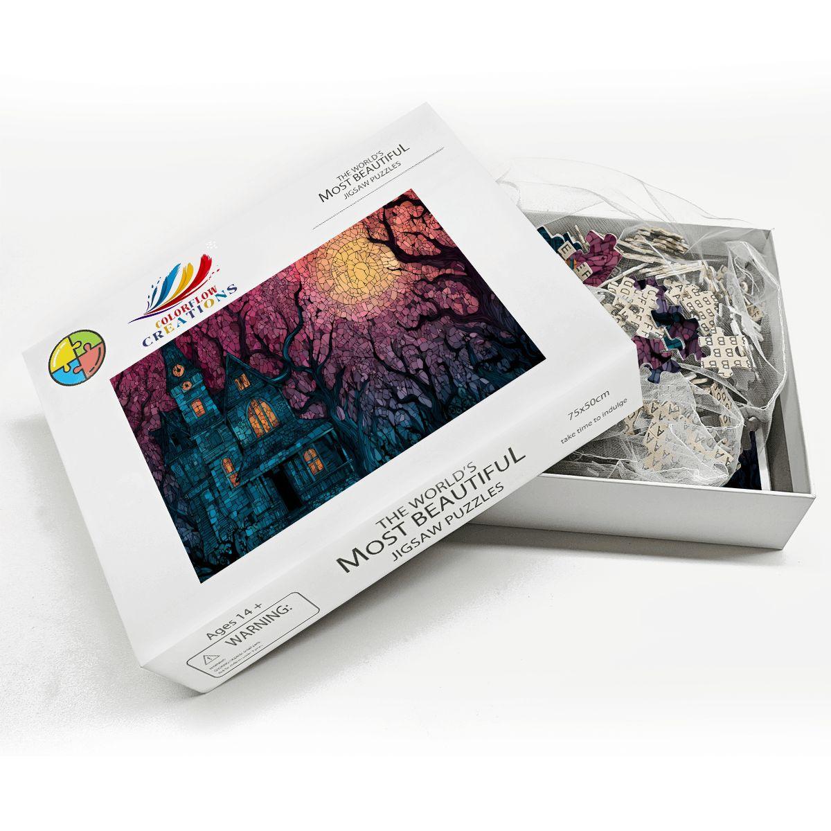 Stained Glass Haunted House Wooden Jigsaw Puzzle: Spooky Gothic Decor