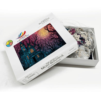Stained Glass Haunted House Wooden Jigsaw Puzzle: Spooky Gothic Decor