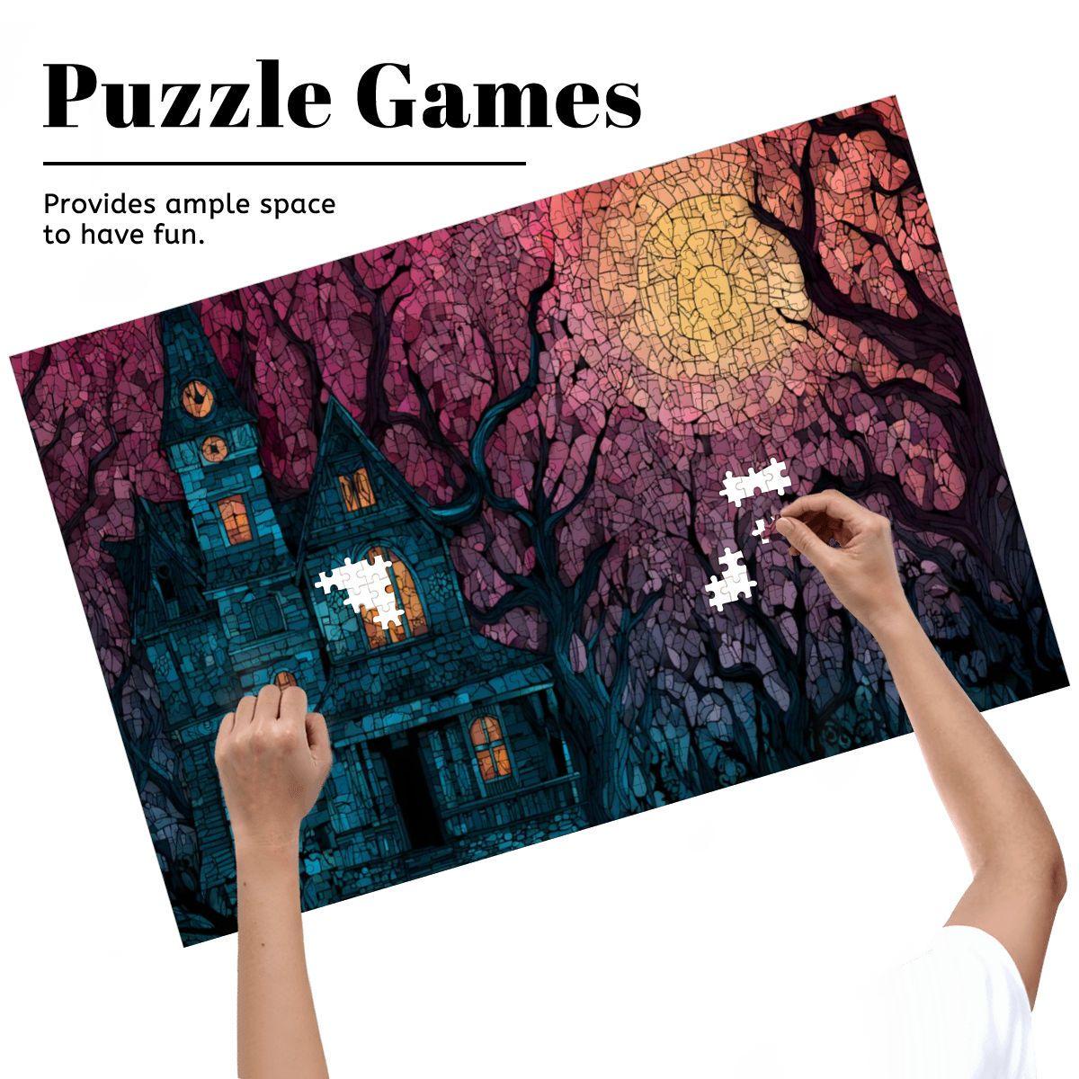 Stained Glass Haunted House Wooden Jigsaw Puzzle: Spooky Gothic Decor
