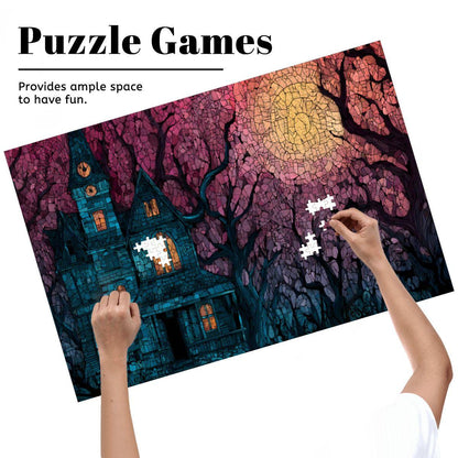 Stained Glass Haunted House Wooden Jigsaw Puzzle: Spooky Gothic Decor