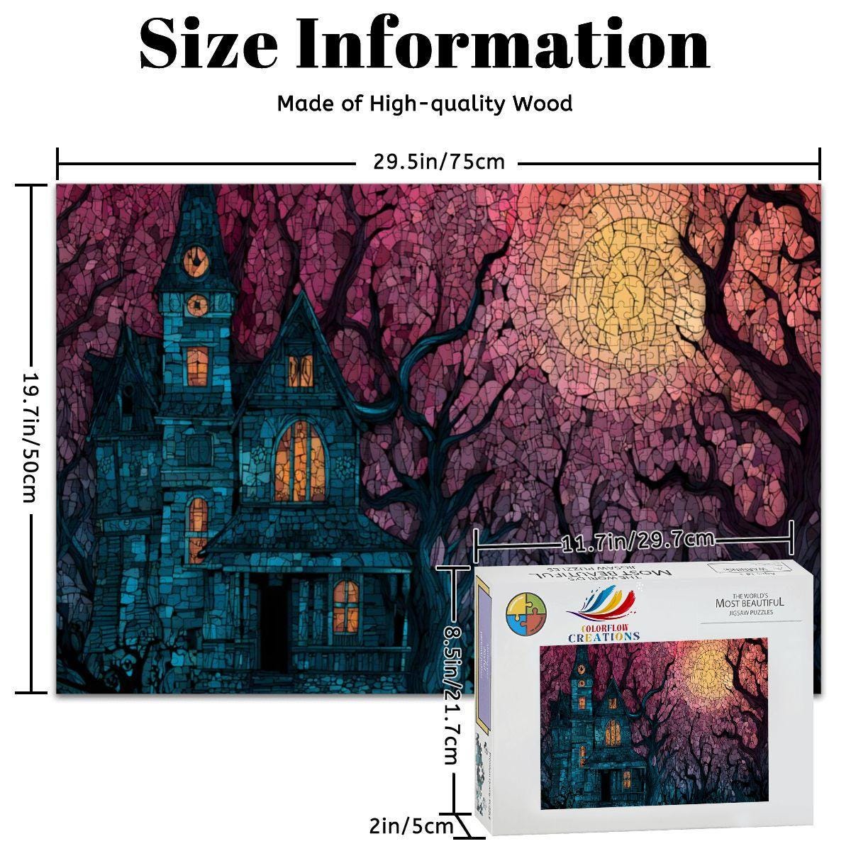 Stained Glass Haunted House Wooden Jigsaw Puzzle: Spooky Gothic Decor