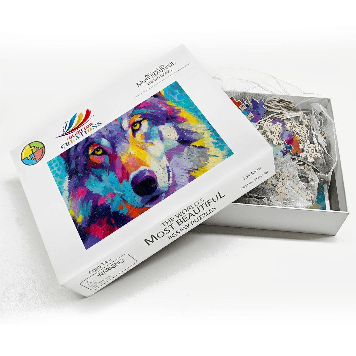 Abstract Wolf Jigsaw Puzzle: Colorful Palette Knife Art, Basswood