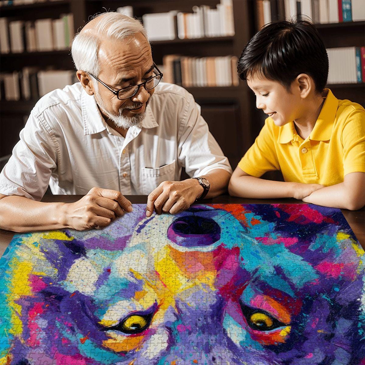 Abstract Wolf Jigsaw Puzzle: Colorful Palette Knife Art, Basswood