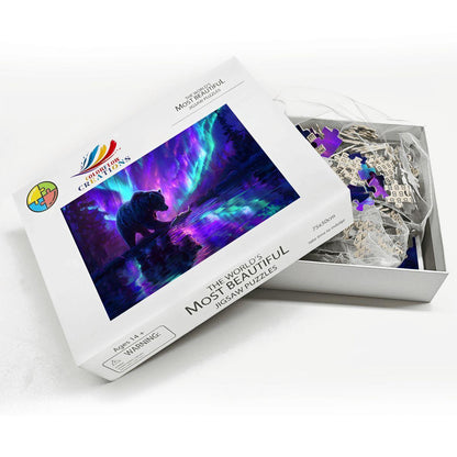 Aurora Borealis Wooden Jigsaw Puzzle: Majestic Bear Fishing Scene