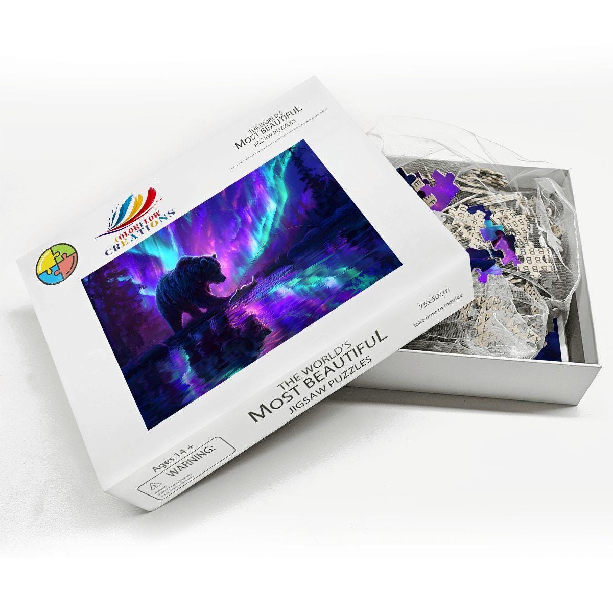 Aurora Borealis Wooden Jigsaw Puzzle: Majestic Bear Fishing Scene