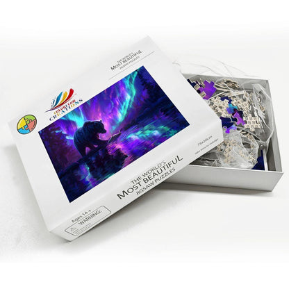 Aurora Borealis Wooden Jigsaw Puzzle: Majestic Bear Fishing Scene