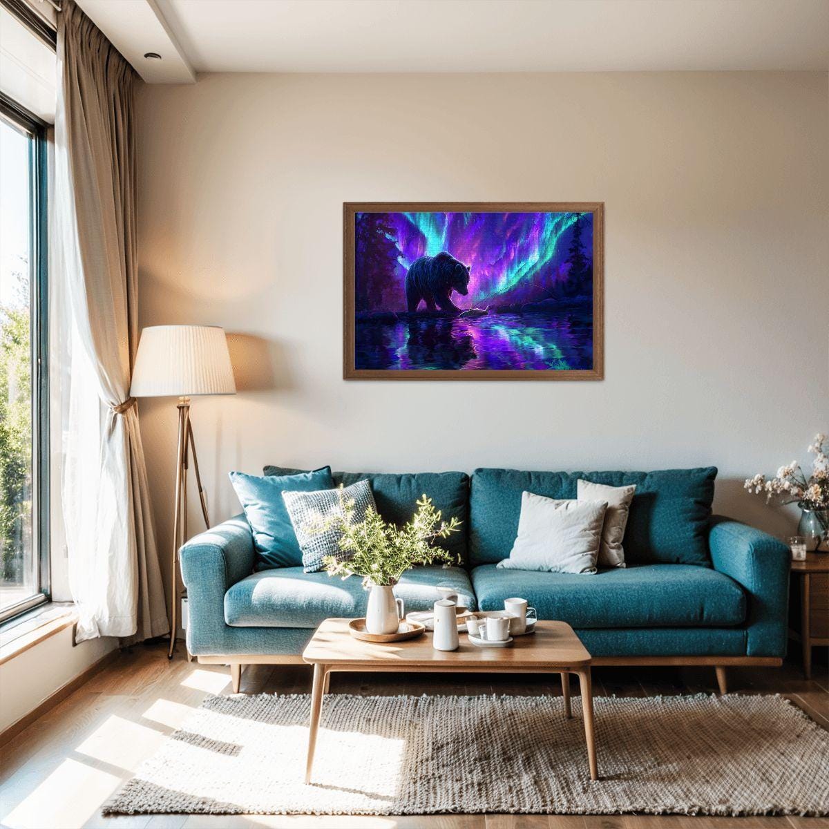 Aurora Borealis Wooden Jigsaw Puzzle: Majestic Bear Fishing Scene