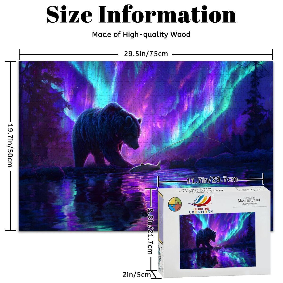 Aurora Borealis Wooden Jigsaw Puzzle: Majestic Bear Fishing Scene
