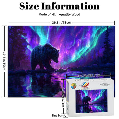 Aurora Borealis Wooden Jigsaw Puzzle: Majestic Bear Fishing Scene