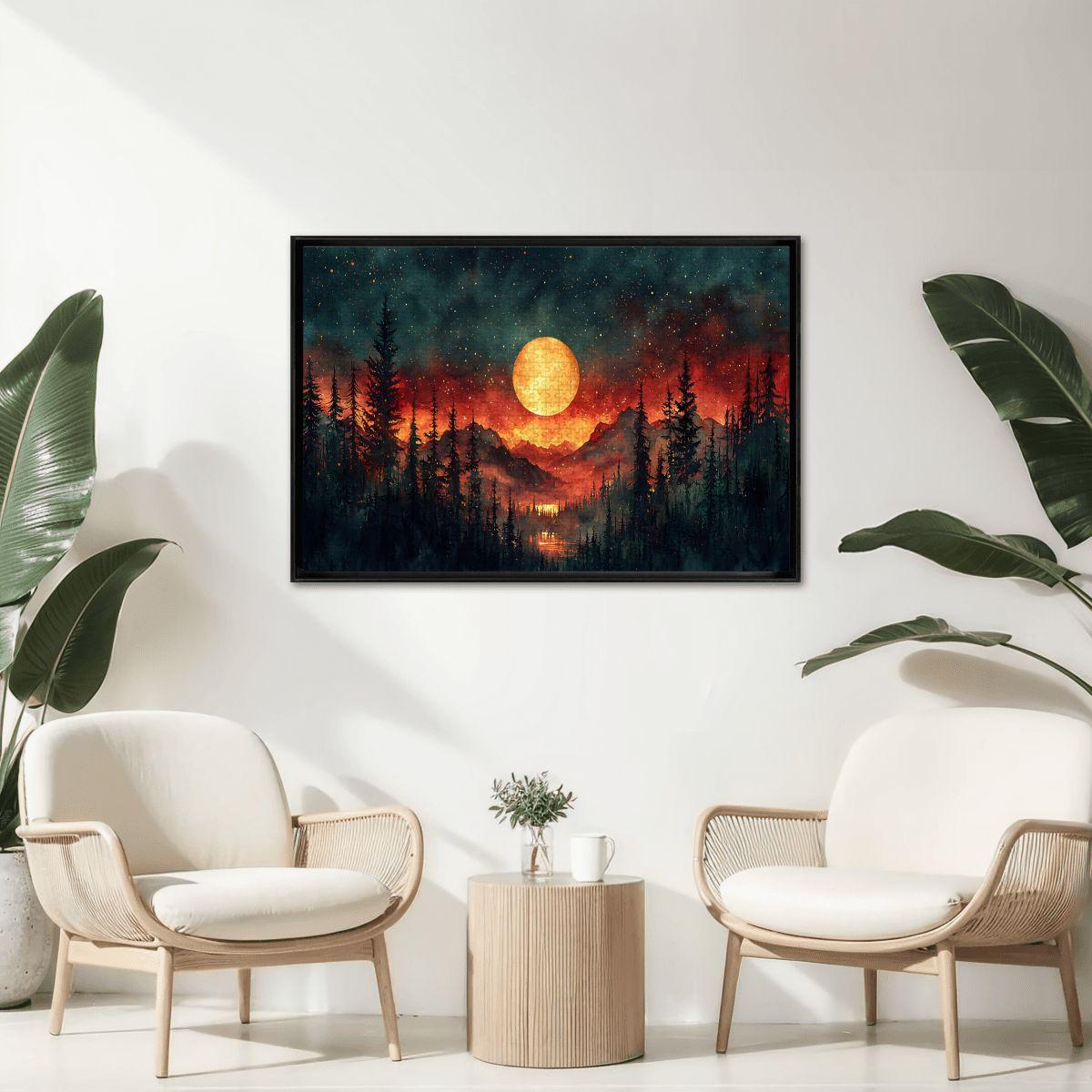 Moonlit Forest Fire Wooden Jigsaw Puzzle: Celestial Woodland Art